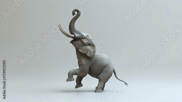 Fototapeta happy elephant with trunk up in air, on neutral white background 