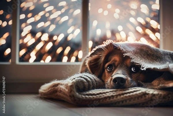 Fototapeta Little dog hides under a blanket during fireworks outside the window.