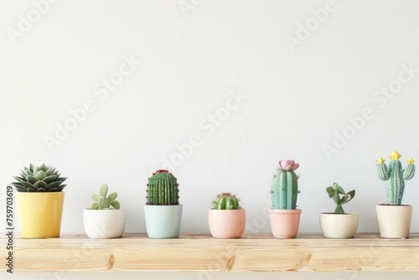 Fototapeta different cacti in simple colored pots stand on wooden shelf, the wall is white; wall with empty space