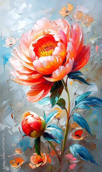 Obraz Colorful peony flowers on a white background. Digital painting.