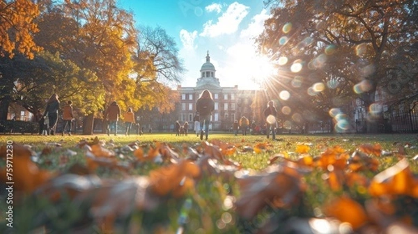 Obraz college student outdoors on a college oval on the grass looking with their parents taking a college tour.