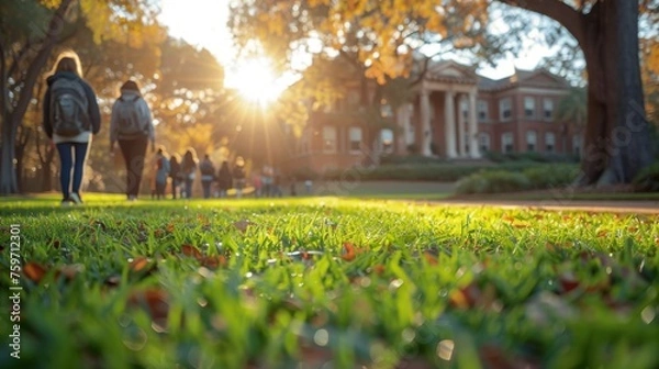 Obraz college student outdoors on a college oval on the grass looking with their parents taking a college tour.