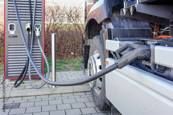 Obraz Elektro LKW lädt seine Batterie an einer Ladesäule auf
