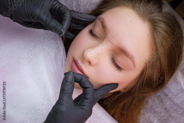 Fototapeta Marking eyebrows with thread before the procedure of permanent makeup. PMU Procedure, Permanent Eyebrow Makeup.