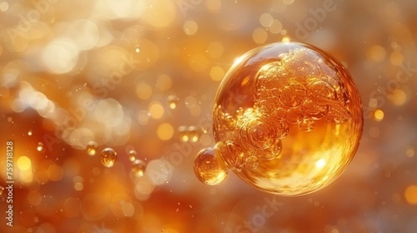 Fototapeta Golden oil bubbles floating in the air, rendered with realistic detail and a glossy finish.