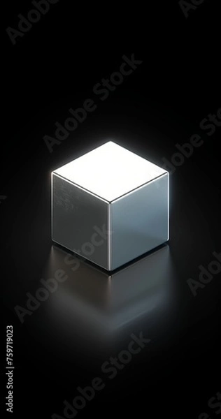 Fototapeta A simple, minimalistic silver cube icon with a soft light on the right side on a black background.