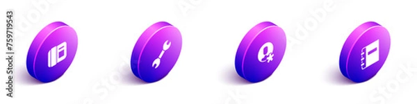 Fototapeta Set Isometric Telephone handset, Wrench spanner, Elected employee and Notebook icon. Vector