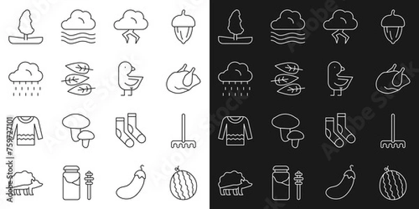 Fototapeta Set line Watermelon, Garden rake, Roasted turkey or chicken, Storm, Leaf leaves, Cloud with rain, Tree and Little icon. Vector