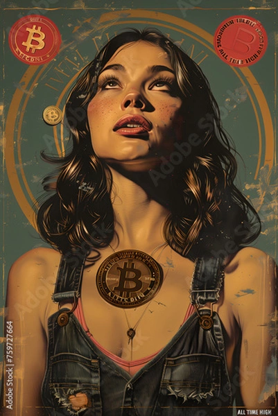 Fototapeta Bitcoin movie poster in the style of the 60s sixties, cryptocurrency at new all-time high, women look to the sky