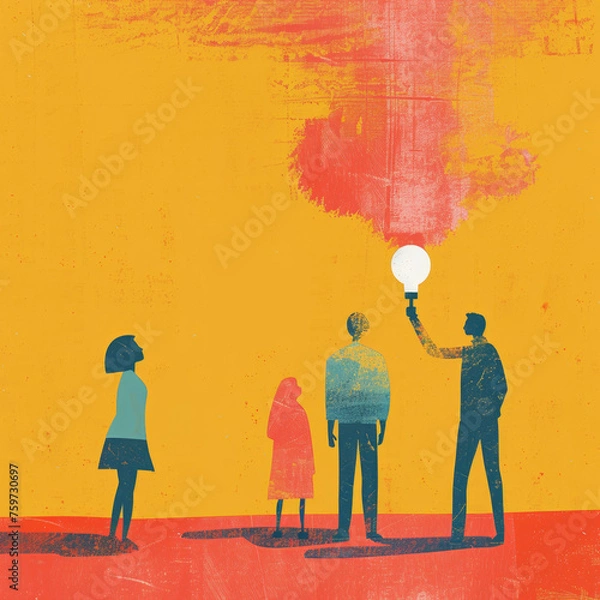 Fototapeta Colorful Line Illustration of Investigators Focusing on Vision with Magnifying Glass Gen AI