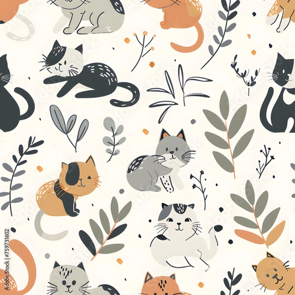 Fototapeta Comic Style Cat Pattern with Plants generative ai