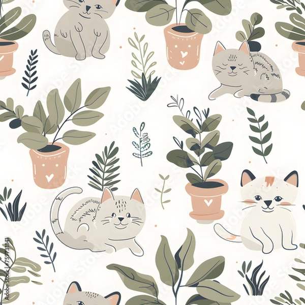 Fototapeta Comic Style Cat Pattern with Plants generative ai