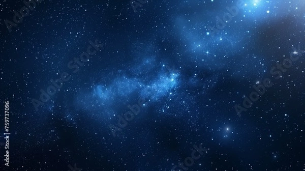 Fototapeta The image displays a tranquil deep blue space scattered with twinkling stars and distant light formations