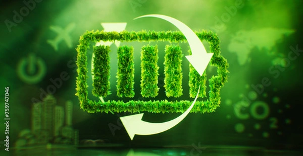 Fototapeta The concept of sustainable energy storage in the form of a battery symbol covered with leaves on a lush green background. 3d rendering.