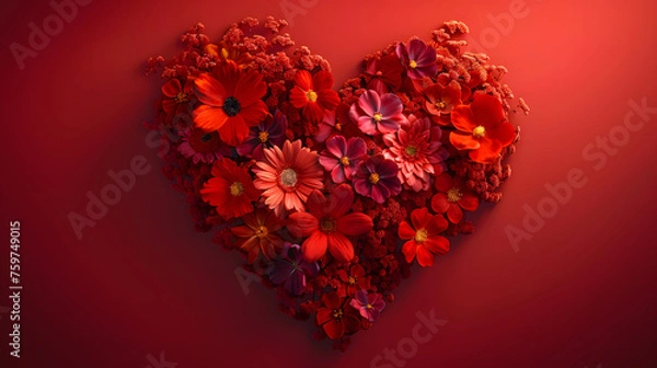 Fototapeta AI generated illustration of a red heart made of flowers on a red background