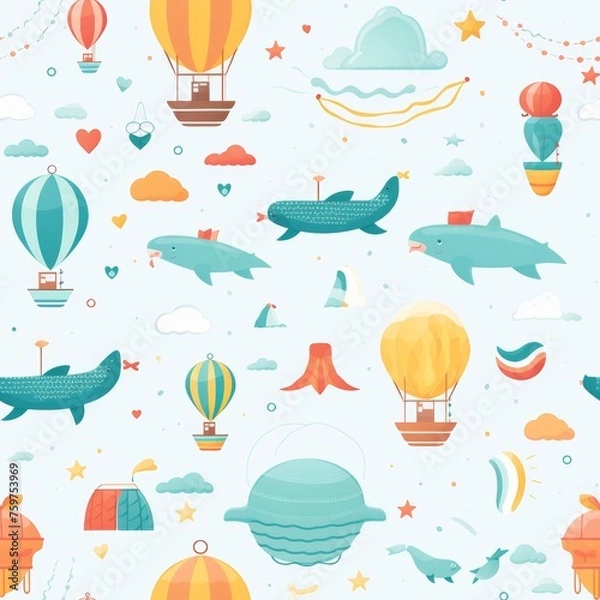 Fototapeta Whimsical childrens seamless pattern with flying whales, air balloons, and rainbows
