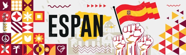 Fototapeta Spanish national day banner design. Spanish flag and map theme with background. Template vector Spanish flag modern design. Abstract geometric retro shapes of red and blue yellow .