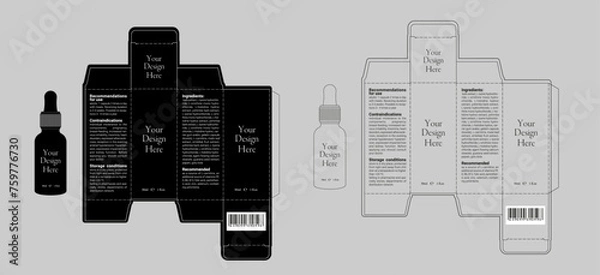Obraz Editable outline vector image of cosmetic bottle and box with dieline box on neutral background