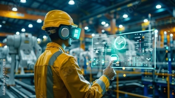 Fototapeta A man wearing a helmet that implements augmented reality in a factory is manipulating data implemented in augmented reality by moving his fingers.