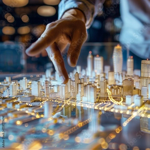Fototapeta A close-up of a man manipulating a model of a city realized in augmented reality with his fingers.