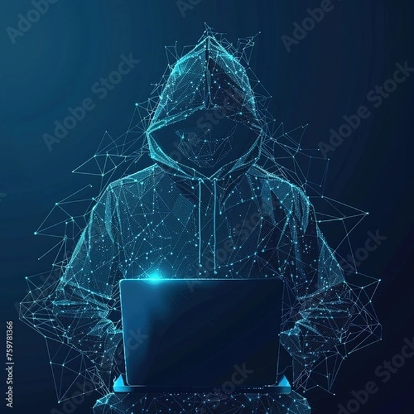 Obraz Abstract polygonal hacker with laptop on technology dark background. Cyber attack and cyber security concepts. 