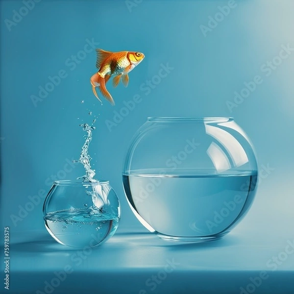 Obraz Goldfish jumping in a bigger bowl - aspiration and achievement concept.