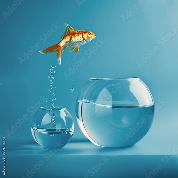 Obraz Goldfish jumping in a bigger bowl - aspiration and achievement concept.