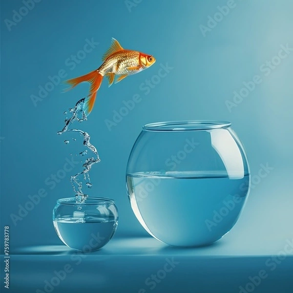 Obraz Goldfish jumping in a bigger bowl - aspiration and achievement concept.