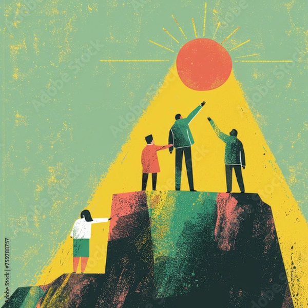 Fototapeta Colorful Line Illustration of Leadership Training Welcoming a New Day at Sunrise Gen AI
