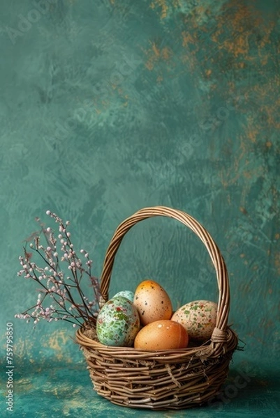 Fototapeta Easter eggs in basket on green rustic texture background.