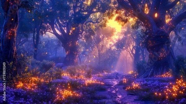 Fototapeta Enchanted Forest Scene with Magical Trees, Glowing Flowers, and Mystical Atmosphere at Twilight