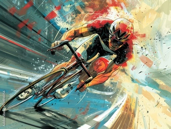 Fototapeta An action-packed illustration of a cyclist in motion, blending vibrant colors and a dynamic painting style.