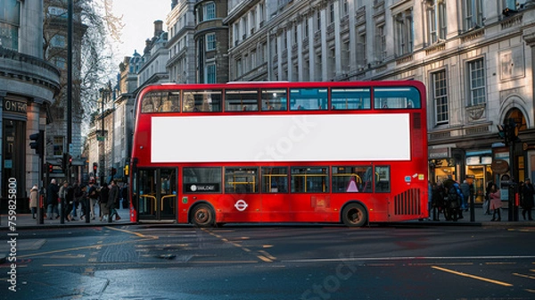 Fototapeta Red london bus with blank white place for mockup information is parked at urban street with stone road and sidewalk