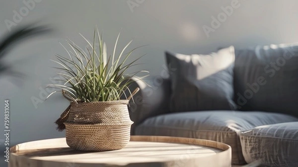 Fototapeta a living room featuring a wooden coffee table adorned with a houseplant and wicker basket, positioned near a grey sofa, in a realistic photograph.