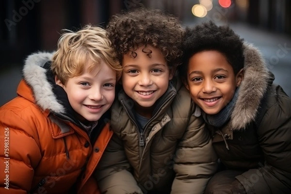 Fototapeta Diverse group of cheerful multicultural children having fun and playing together at the schoolyard