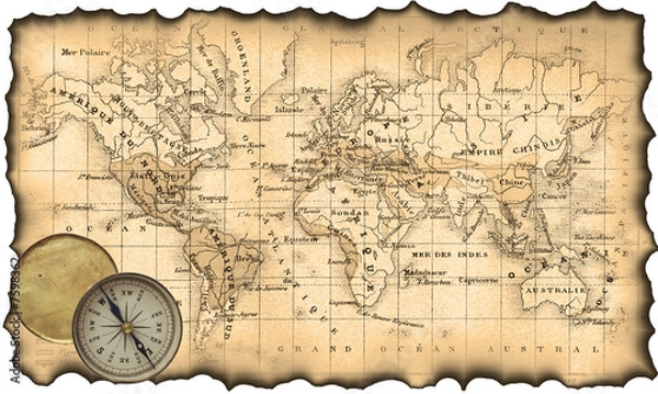 Obraz Starożytna mapa świata. Kompas