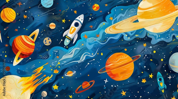 Fototapeta An animated and lively space scene featuring rockets exploring a galaxy filled with colorful planets and stars, ideal for children's imagination.