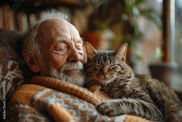 Obraz Elderly man and gray cat enjoy a serene sunset in a cozy room filled with books and plants, capturing the warmth and emotional support animal pets provide, relaxation and companionship