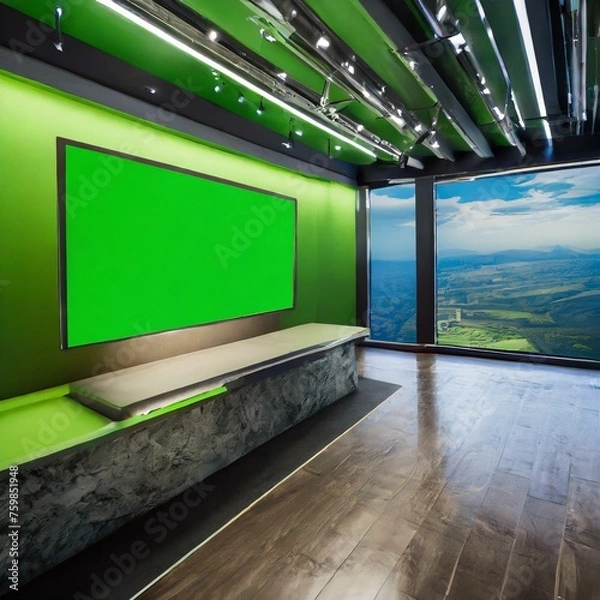 Obraz 3d render of a modern home, Virtual TV Studio with green Screen background, virtual studio news room, Ai Generate 
