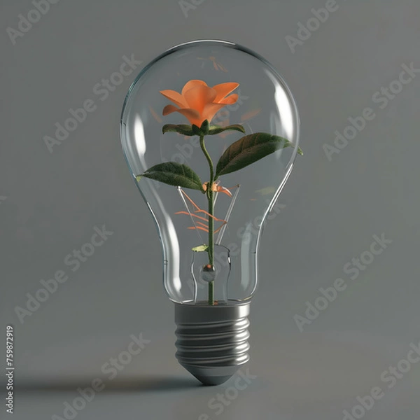 Obraz A plant blooming in light bulb, earth day concept, generative ai