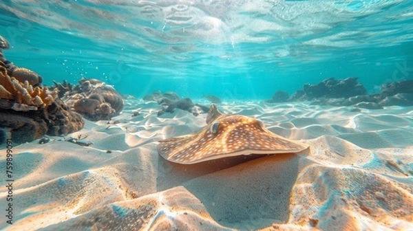 Fototapeta Stingray gliding over ocean floor among corals