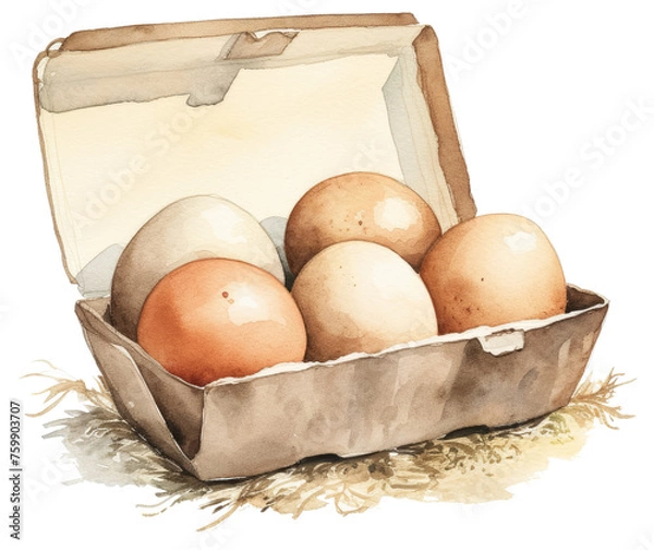Obraz Brown eggs in egg carton watercolor art