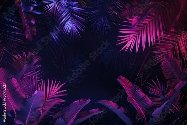 Fototapeta A retro-style banner featuring neon palm leaves and frame on a black background in beautiful rendering.