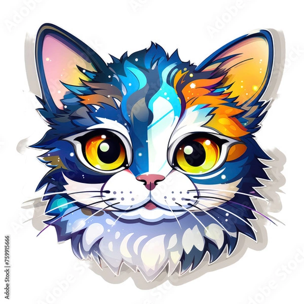 Fototapeta Illustration of the head of a cat with a blue and orange pattern