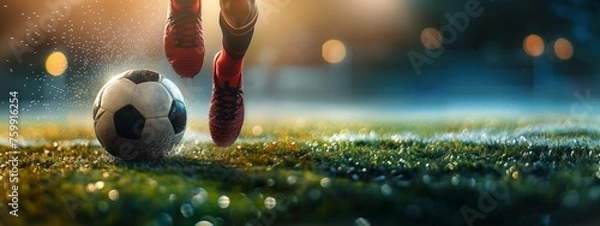 Obraz Silhouette of a football player running and kicking a ball in soccer stadium with dramatic lighting. Athlete training or playing important match. Wide angle shot with copy space, ideal for sports