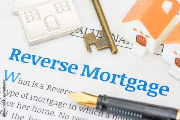 Fototapeta Fountain pen on a reverse mortgage document. A reverse mortgage is a loan for homeowners, converting home equity into cash. Repayment is typically deferred until the owner moves out or passes away.