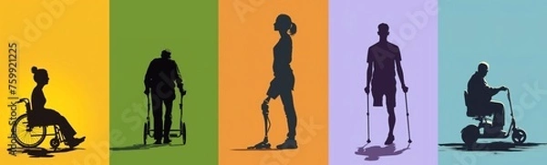 Obraz Collage silhouette of a people with different types of reduced mobility over colorful backgrounds. Illustration with disability and inclusion concept