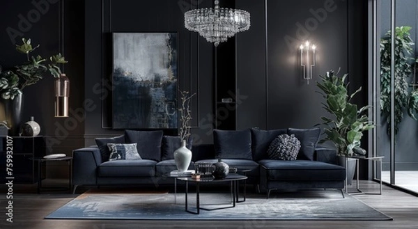 Fototapeta A dark living room with modern furniture, a grey sofa and black walls