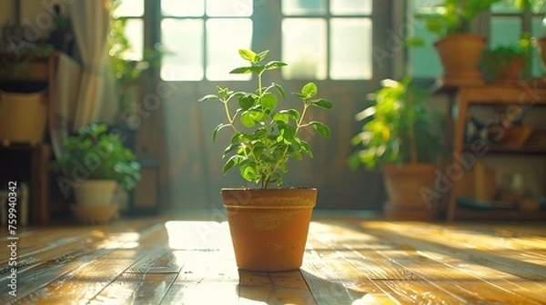 Fototapeta A young green plant in a pot on a wooden floor and a blurred background.
