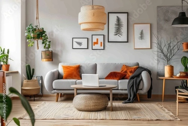 Fototapeta Living room with light grey walls, wooden furniture and orange accents